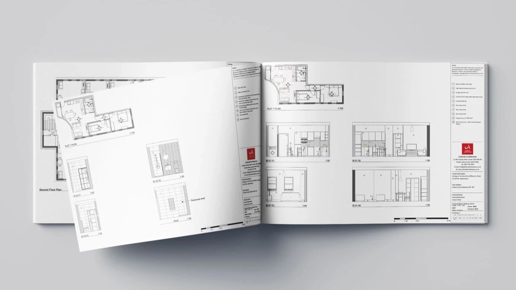 Open magazine featuring detailed architectural floor plans for office conversion into homes, with annotations and scale measurements, laid on a neutral surface, showcasing modern space planning for residential use.