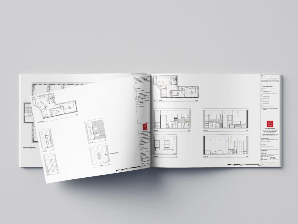 A spread of an architectural design magazine open on a grey background, displaying multiple detailed floor plans and elevations for converting offices into homes, with clear labels and design notes.