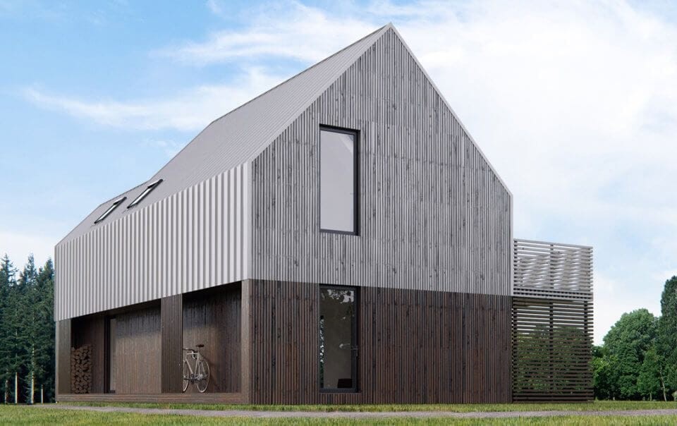 New build modern barn style house on two storeys with minimal anthracite windows, dual tone wooden slat facade  with dark brown on the ground floor and llight grey on the upper floors including a side porch for wood stock and a bicyle storage