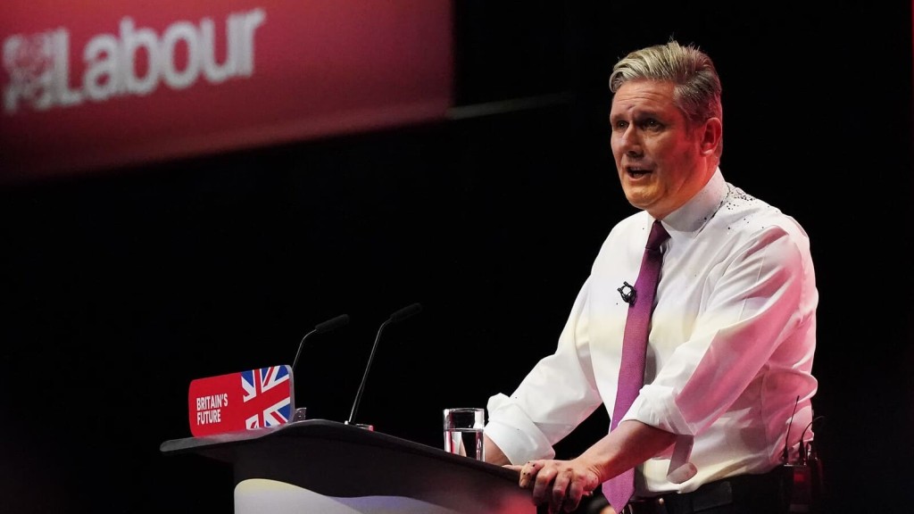 Keir Starmer in a white shirt and tie speaking passionately at a podium with the Labour Party logo, a microphone in front, and a sign reading 'Britain's Future,' set against a dark backdrop, embodying political discourse on development policies in the UK.
