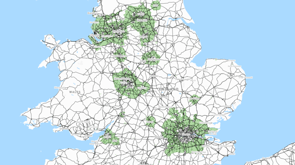 Map of England showing areas of Green Belt land highlighted in green, with dense concentrations around major cities such as London, Manchester, and Birmingham, illustrating the distribution of protected rural and semi-rural land intended to prevent urban sprawl and preserve the character of the countryside.