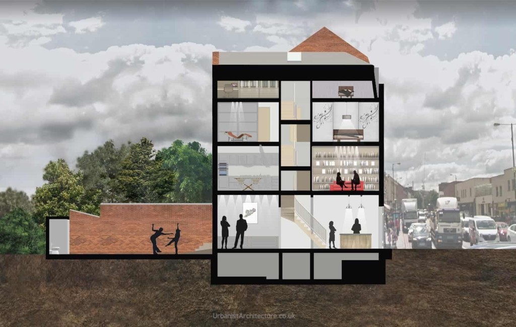 Architectural concept visualisation blending into a city street view, showcasing a proposed building with a montage of interior scenes and activities behind square windows, merging urban planning with daily life.