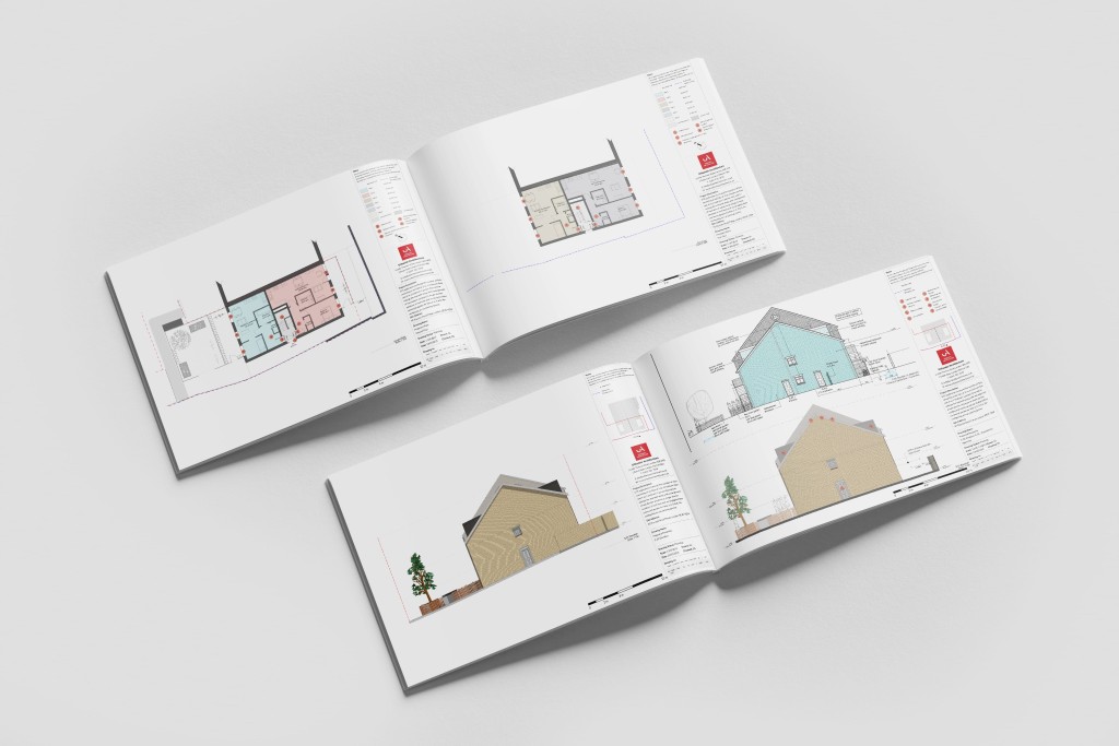 Two opened booklets revealing the proposed floorplans of four one-bedroom apartments as well as the exterior side elevations of the property presented to the planning officers