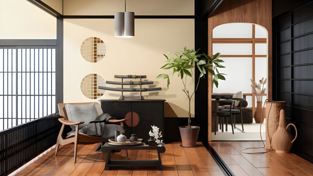 Elegant Japandi living space with black-framed shoji screens, wooden flooring, a contemporary armchair, ceramic decor, a potted plant, and ambient lighting creating a serene and harmonious interior.