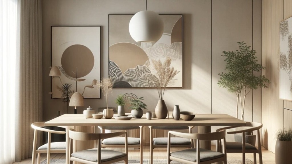 Minimalist Japandi-style dining room with neutral tones, featuring a wooden table, matching chairs, ceramic tableware, and abstract wall art, complemented by indoor greenery.