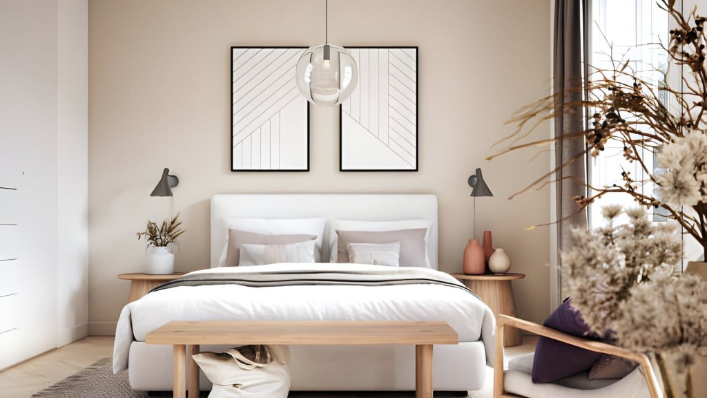 Cosy Japandi bedroom with a wooden bed frame, white bedding, geometric wall art, spherical hanging light fixture, and warm neutral tones accentuated by natural light and dried floral decor.