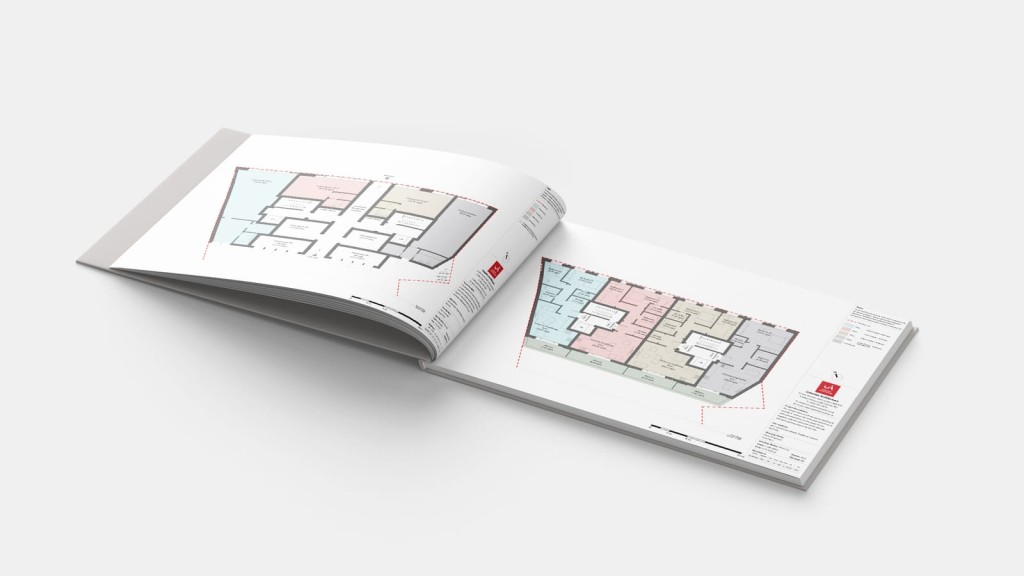 Open architectural magazine displaying colorful floor plans, showcasing a variety of flat layouts, with annotations and measurements, on a clean, minimalistic white background.