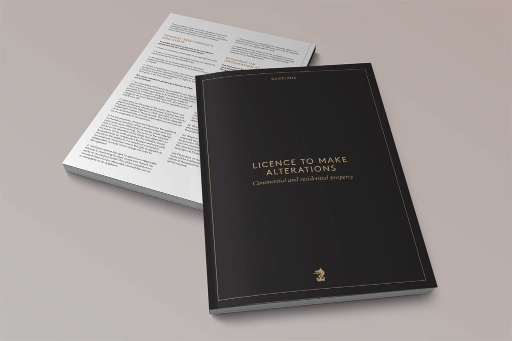 Elegant black brochure titled 'Licence to Make Alterations' for commercial and residential property, alongside an open document with text, on a minimalistic background.
