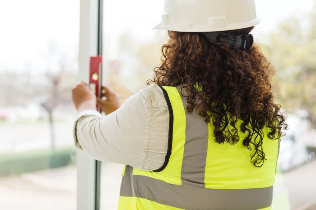 Working wearing a white hard hat and a yellow hi-vis jacket is obiding by the standard methods of measurements in construction this time with regards to large window panes