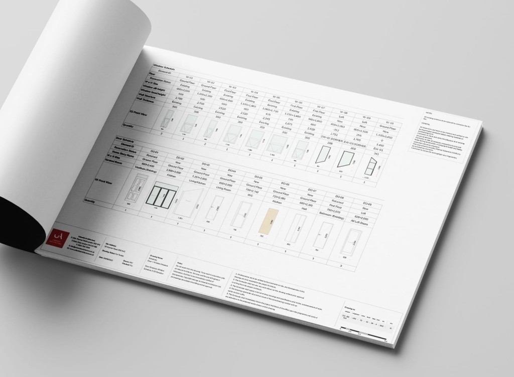 Detailed window and door detail schedule including the width and height measurements, whether the wall structure is existing or new, which room they relate to and each quantities of the items