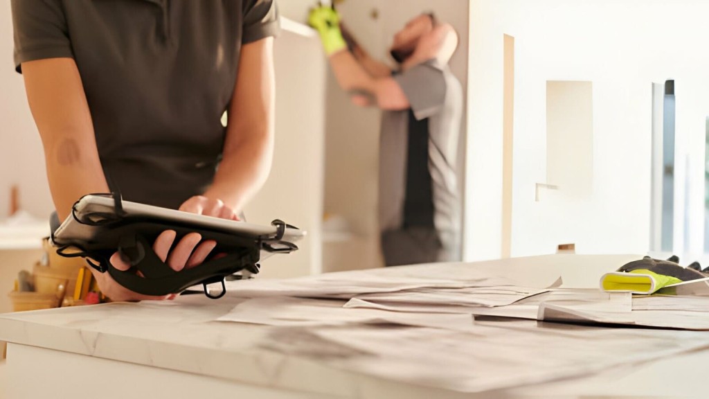 Close-up of a professional's hands holding a digital tablet over architectural blueprints on a worktable, with another person in the background examining a wall, in a bright construction renovation setting.