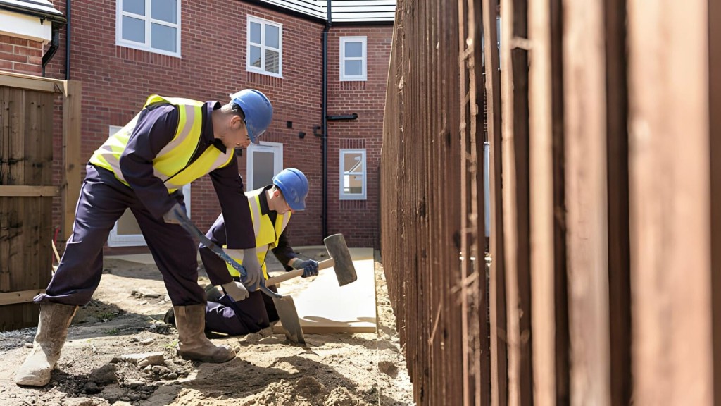 Two construction workers in safety vests and helmets using shovels to dig on a residential construction site with new brick houses in the background.