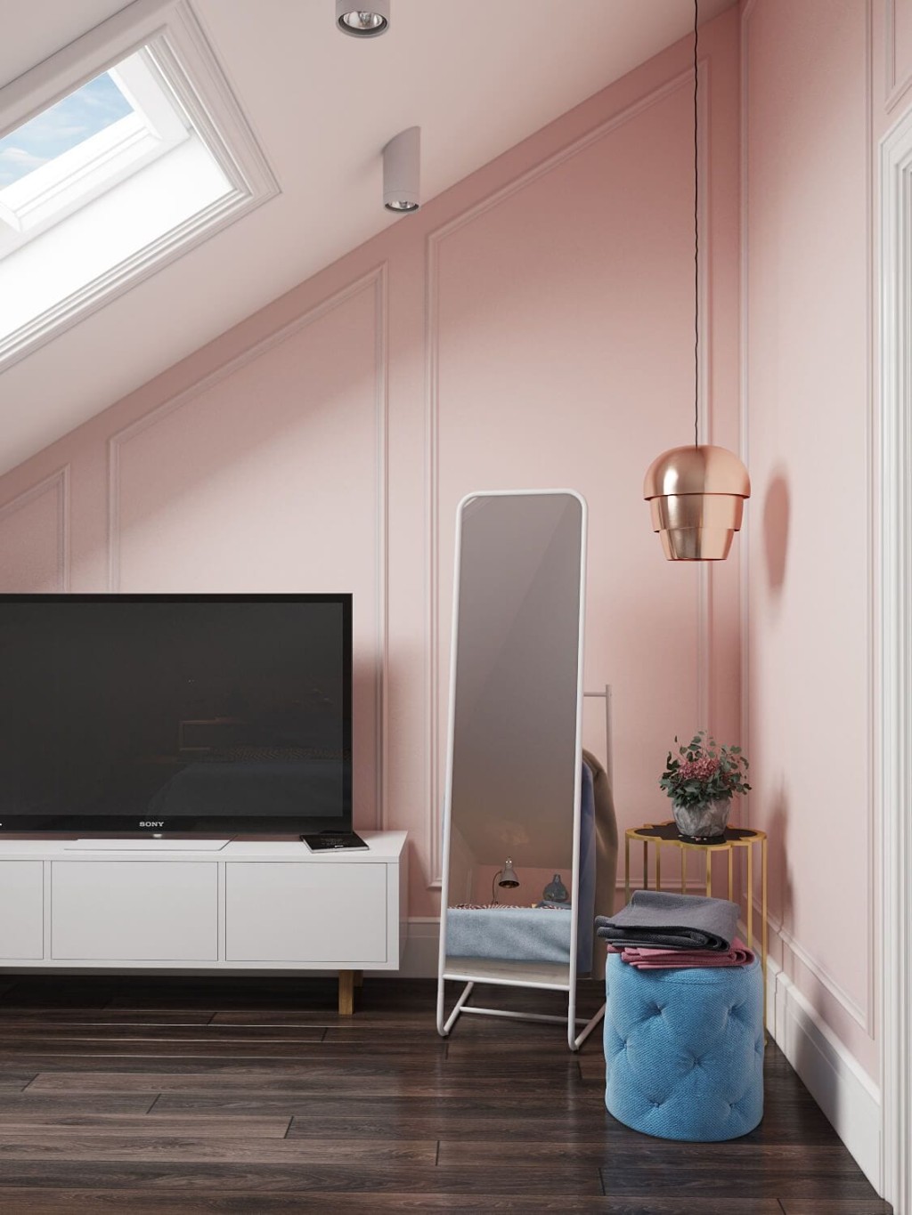 Small corner of a dormer loft conversion now inhabiting an additional large bedroom with a big skylight window, a black tv on a white stand, a floorlength mirror with a pale pink backdrop wall with matching rose gold hanging lampshade