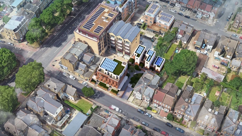 A Google Earth-style aerial image showing an urban block in London with a CGI overlay of new residential buildings comprising flats and mews houses.