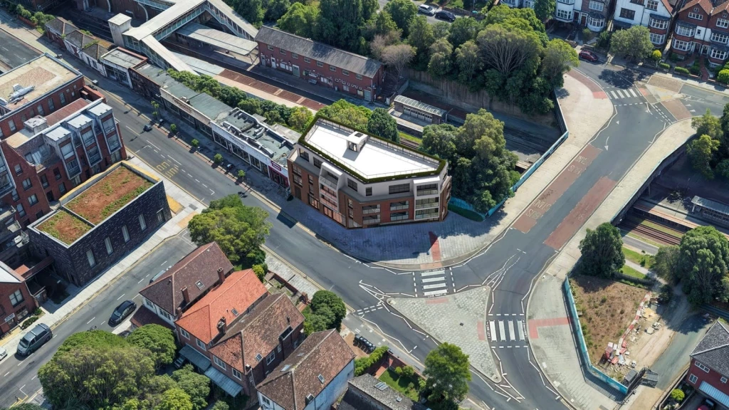 A Google Earth-style aerial perspective of a London corner site with a CGI-rendered multi-storey mixed-use development inserted into the existing urban fabric.