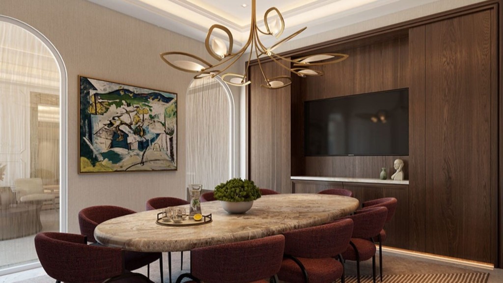 Sophisticated dining room adorned with a striking wall painting, exquisite chandelier, and chic architectural arches, epitomizing elegance in interior design.