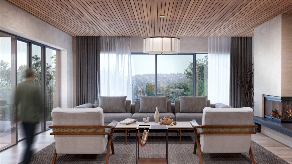 A person leisurely walking through a Japandi-inspired living room, blending the serene elegance of Japanese aesthetics with the minimalistic charm of Scandinavian design.