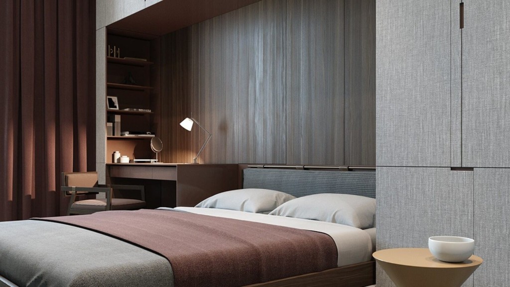 Chic Central London bedroom design by interior experts: bed, desk, and modern wall panel.