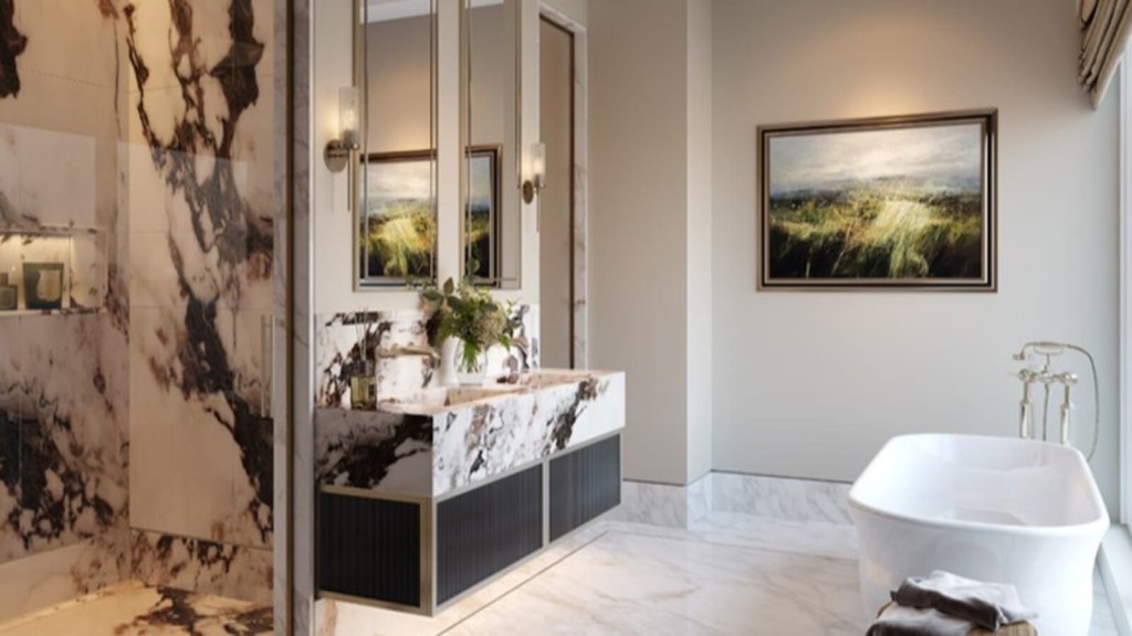 Exquisite bathroom showcasing sophisticated interior design, modern fixtures, and a serene color scheme for a luxurious ambiance.