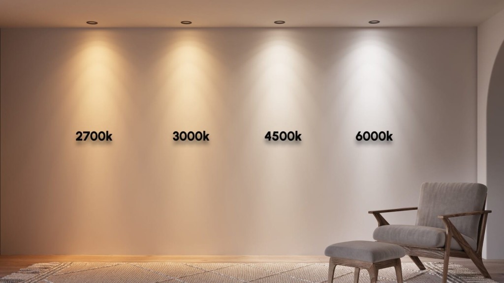 Comparison of LED light temperatures in Kelvin ranging from warm white at 2700K to daylight at 6000K, cast on a neutral wall in a room with a modern chair and ottoman.