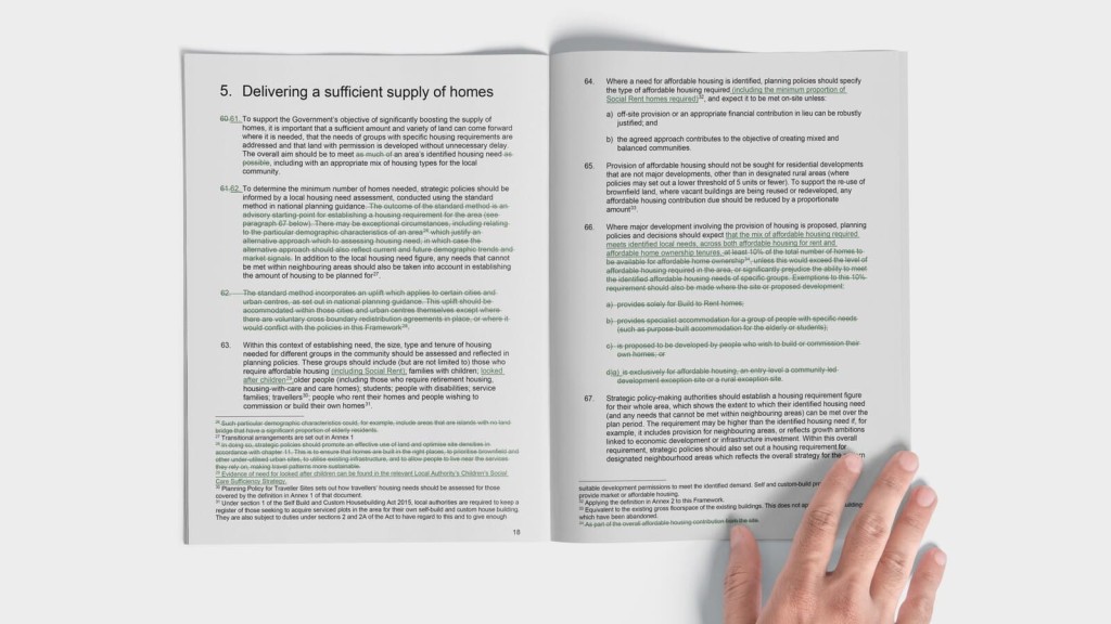 Open book displaying the updated National Planning Policy Framework (NPPF) focusing on delivering a sufficient supply of homes. This image highlights the return of mandatory housing targets and new guidelines for local planning authorities in the UK.