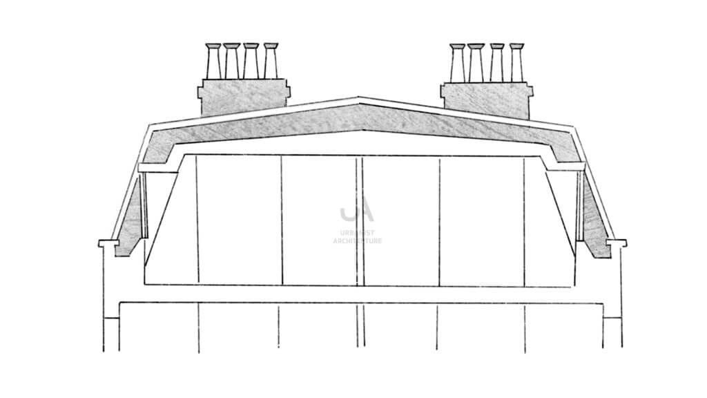Sketch of a flat topped mansard roof extension with detailed section cuts and twin chimney stacks, presented as a monochromatic architectural illustration, signifying precision and planning in urban London architecture.