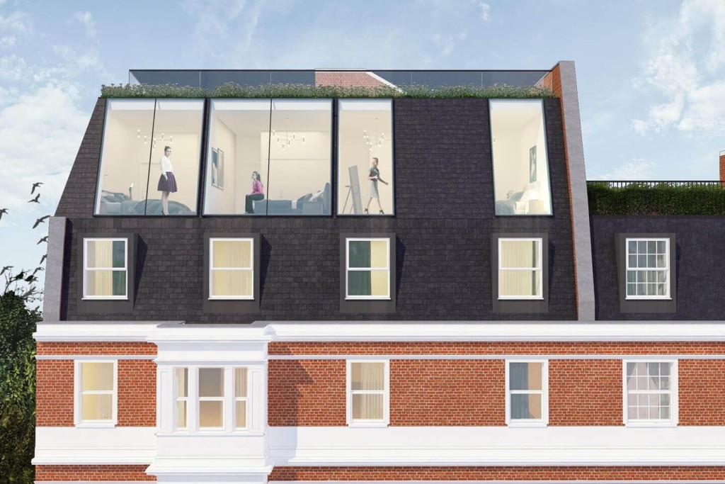 Architectural rendering of a modern mansard roof extension on a traditional London townhouse, featuring large floor-to-ceiling windows and people engaged in various activities, set against a clear sky with a green rooftop garden.