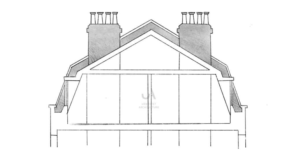 Architectural drawing of a double pitched mansard roof extension with symmetrical chimney stacks, showcasing the proposed structure in a detailed black and white cross-section illustration.