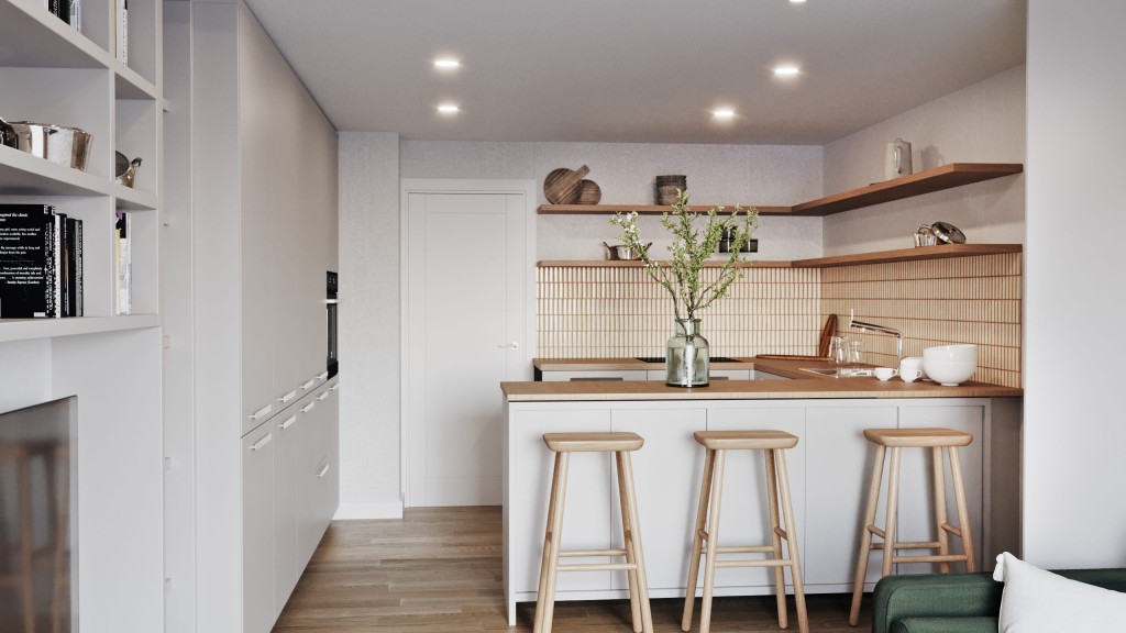 Thoughtful design of a small kitchen with natural wood accented backsplash, all-around shelf space, narrow barstools and u-shaped countertop with the added bonus of integrated storage space in the cupboards and kitchen island for maximum use of the space