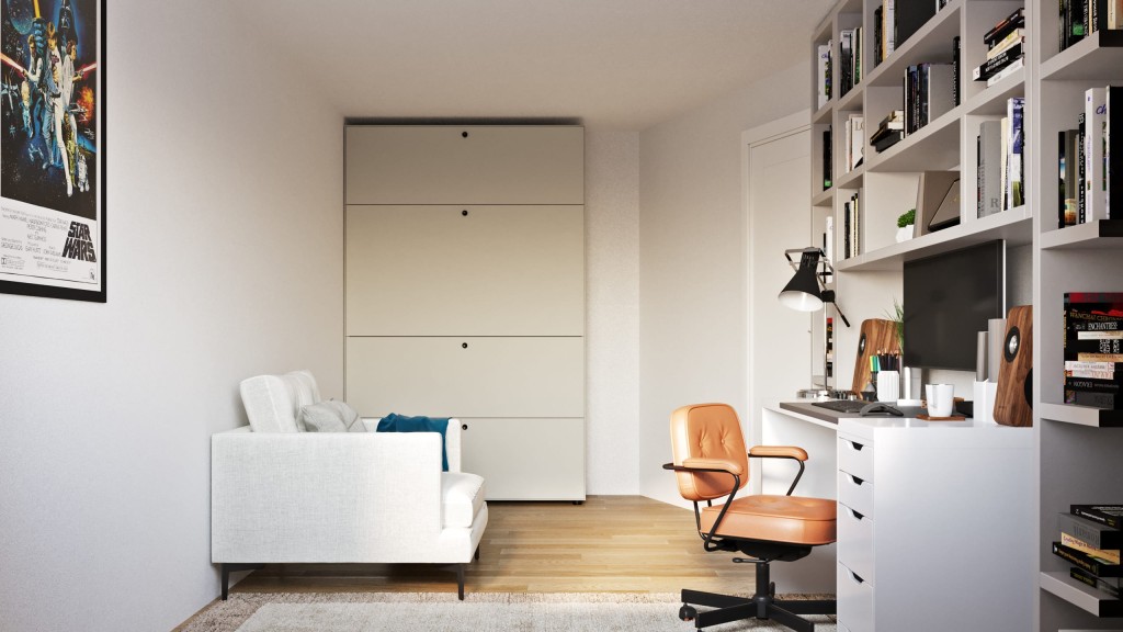 Contemporary and minimalist study room with a brown leather chair, white desk for a computer, storage drawers, muted grey mounted bookshelf. rectangular armchair and additonal wall mounted storage units