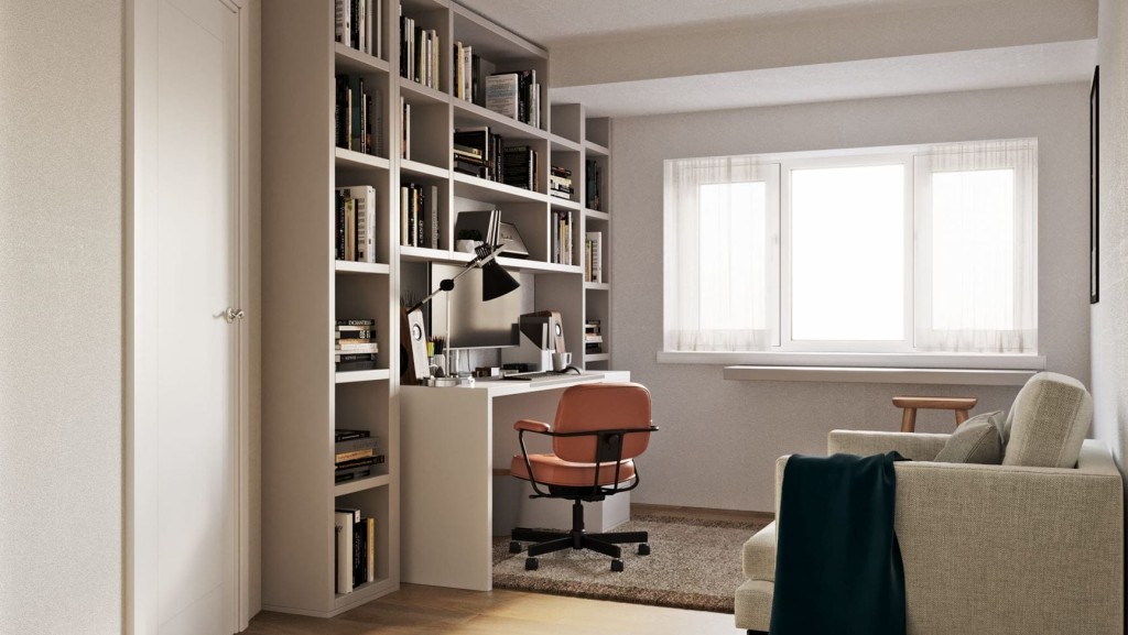 Cosy yet contemporary office space with adequate wall mounted storage for books and documents, earthy toned rug lying underneath a leather swivel desk chair which accentuates the bright sunlight coming in through the three-panelled wide white windows.