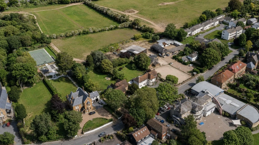 Aerial view of Metropolitan Open Land (MOL) bordering residential development, illustrating protected open space within London's urban area.