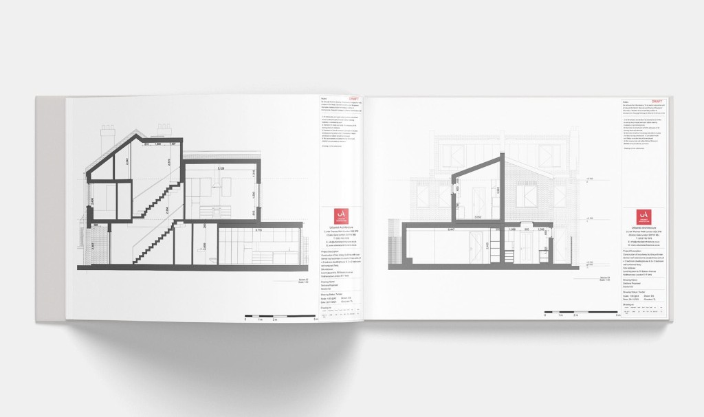 Open architectural book displaying detailed cross-section drawings of a residential building. The diagrams include measurements and annotations, showing the layout of multiple floors, staircase positioning, and room configurations, highlighting the intricate planning required to meet minimum space standards.