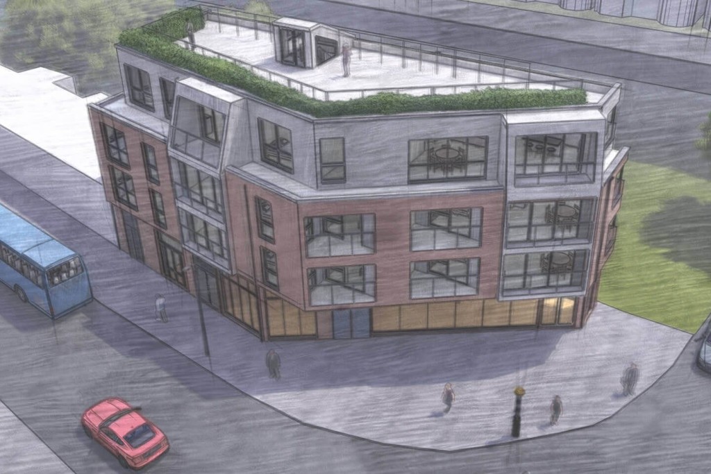 Architectural rendering of a modern multi-storey building with large windows and a rooftop garden. The design showcases urban residential development with sustainable features, such as green roofing, emphasising the application of minimum space standards and innovative architectural solutions.