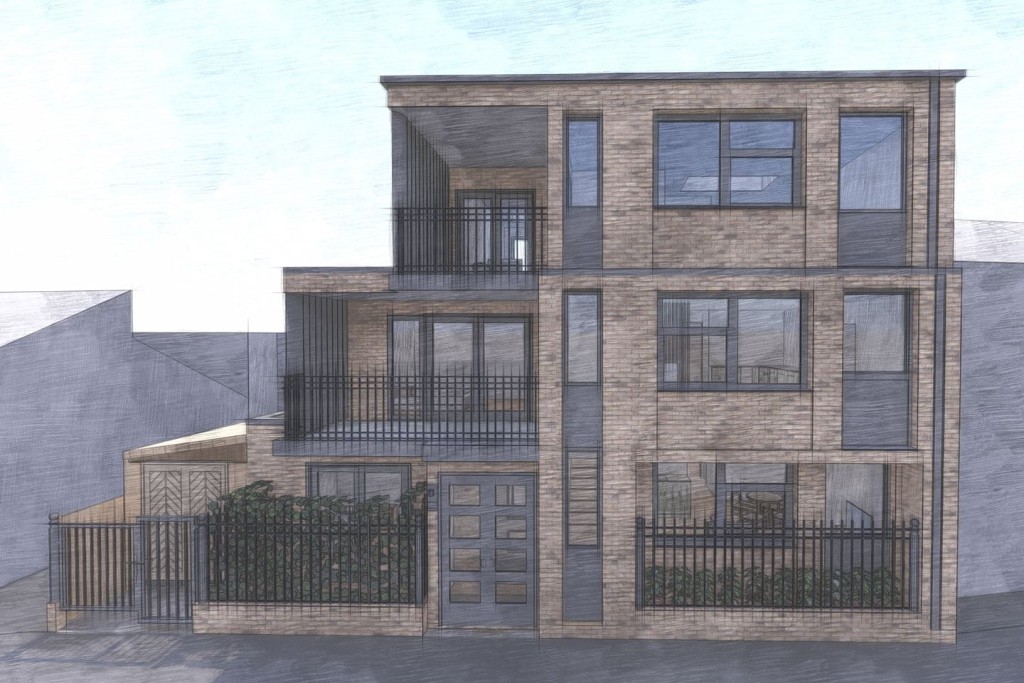 Architectural rendering of a contemporary three-storey residential building with brick facade and large windows. The design includes balconies, a gated entrance, and landscaped front yard, showcasing modern urban housing that adheres to minimum space standards and aesthetic considerations.