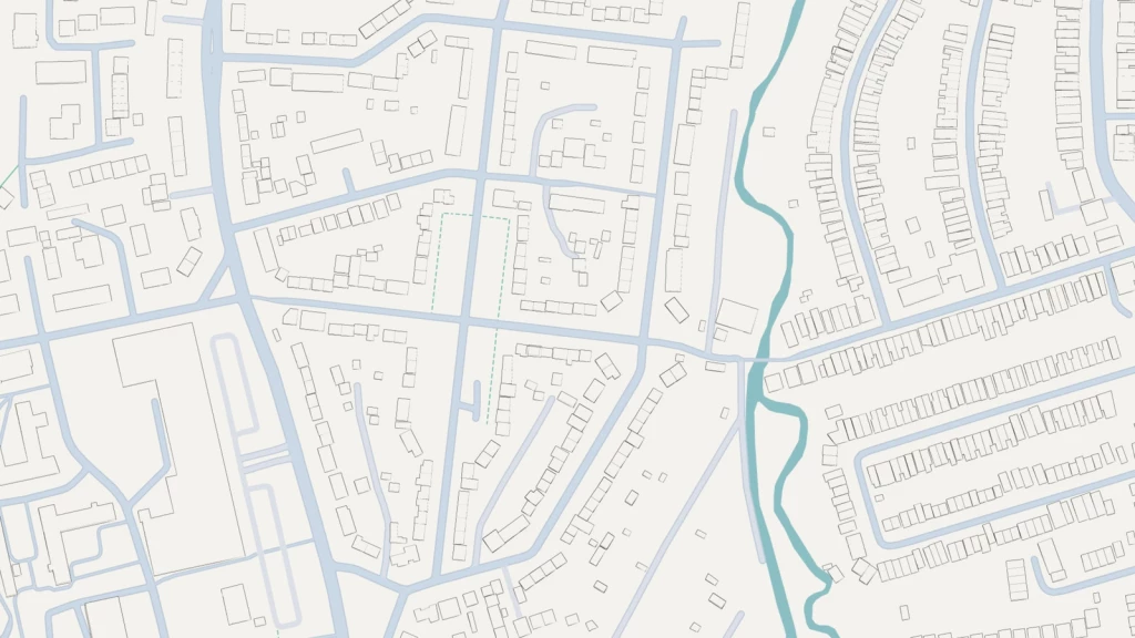 Urban morphology map of a loose grid London neighbourhood showing curving streets, larger residential plots, detached and semi-detached housing, and a lower-density suburban street pattern.