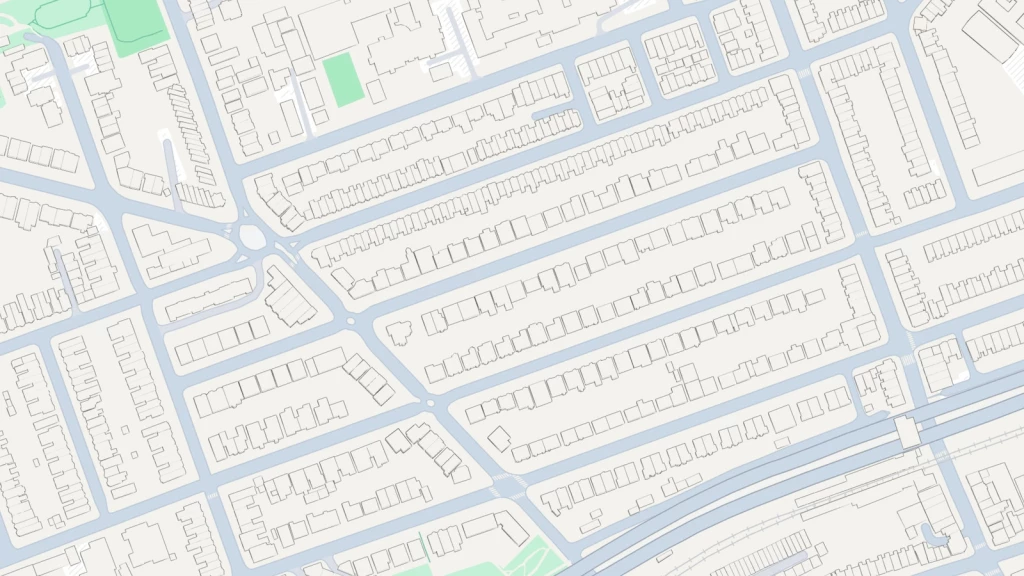 Figure-ground map of a compact grid neighbourhood in London showing connected streets, perimeter blocks, fine urban grain and traditional terraced housing plots.