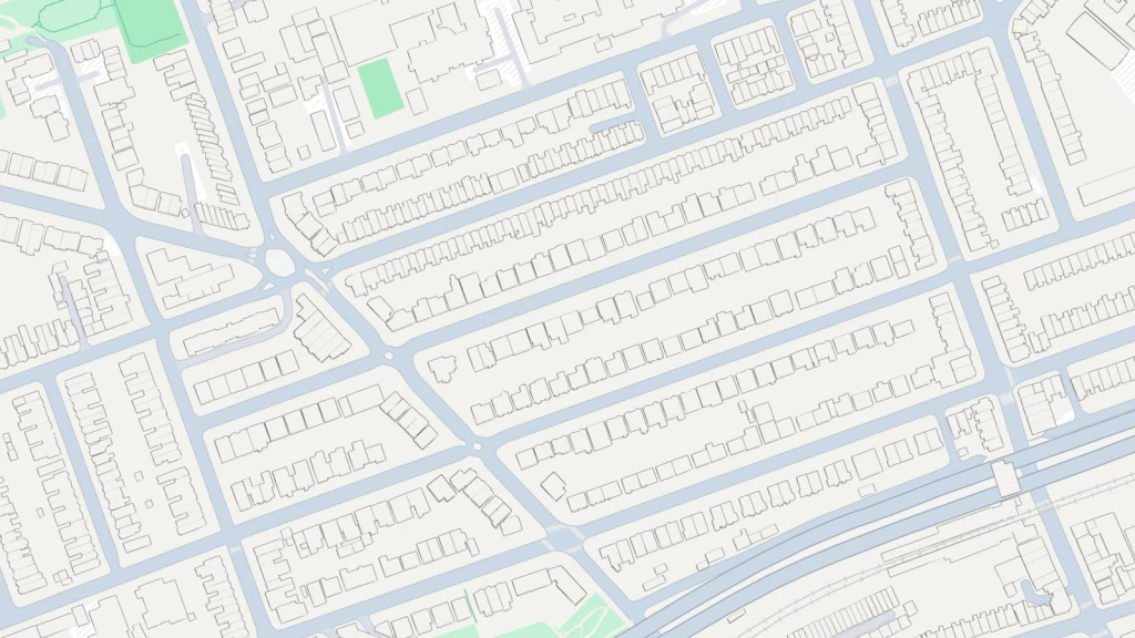 Figure-ground map of a compact grid neighbourhood in London showing connected streets, perimeter blocks, fine urban grain and traditional terraced housing plots.