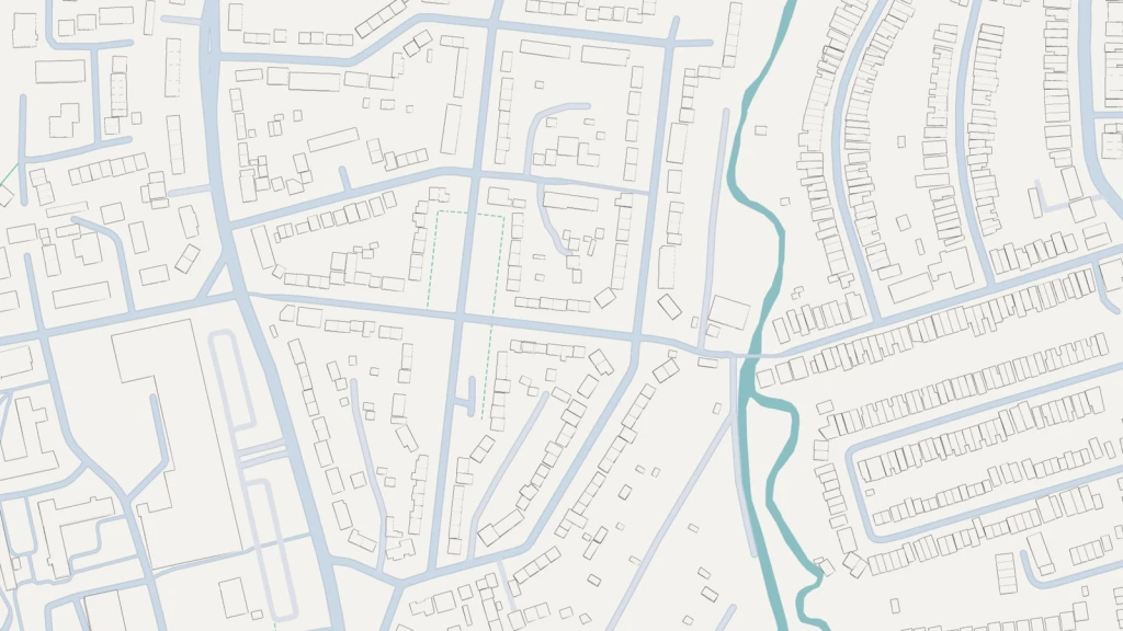 Urban morphology map of a loose grid London neighbourhood showing curving streets, larger residential plots, detached and semi-detached housing, and a lower-density suburban street pattern.