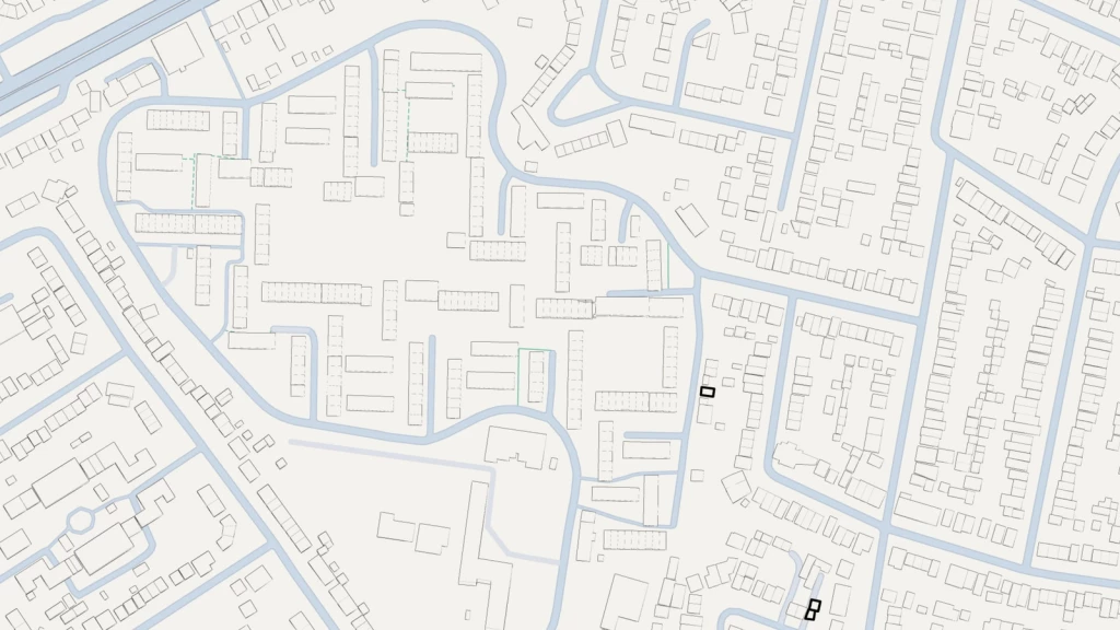 Urban morphology map of a courts and cul-de-sacs housing estate showing loop roads, residential pods, parking courts and limited street connectivity typical of late 20th-century suburban development.