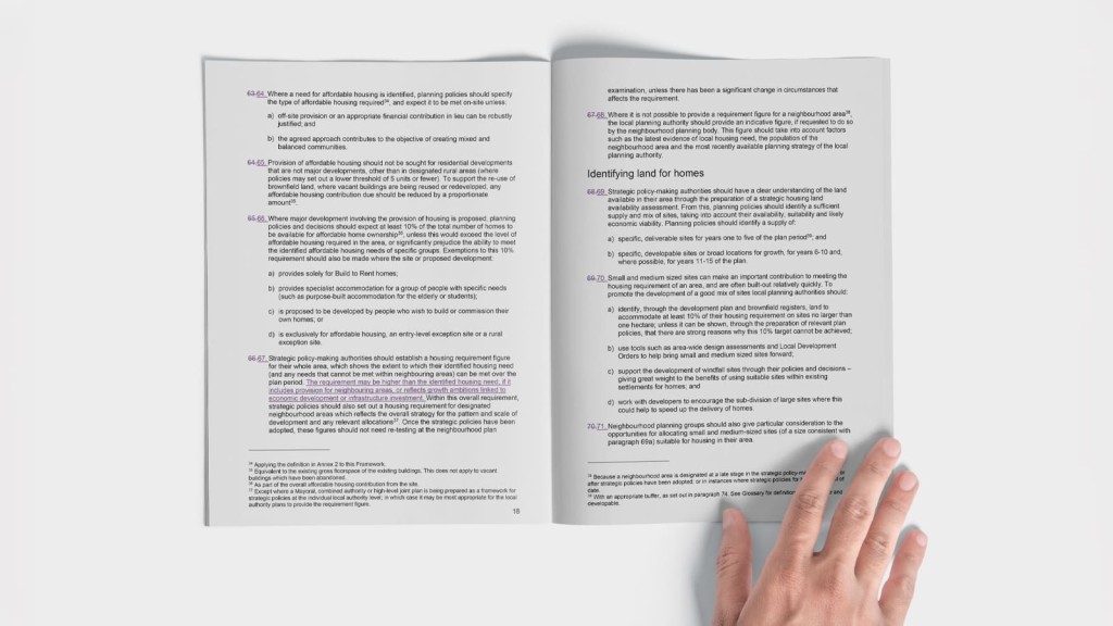 A hand turning pages of a document outlining local housing need assessments under the new NPPF update. The text highlights essential guidelines for affordable housing provisions, identifying land for homes, and strategic policy-making authorities' responsibilities. This image represents the revised planning rules aimed at addressing housing shortages and ensuring sufficient land availability for residential developments.