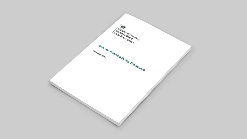 An image of the new NPPF 2024 document cover, titled "National Planning Policy Framework," published by the Ministry of Housing, Communities & Local Government in December 2024, placed on a light grey background.