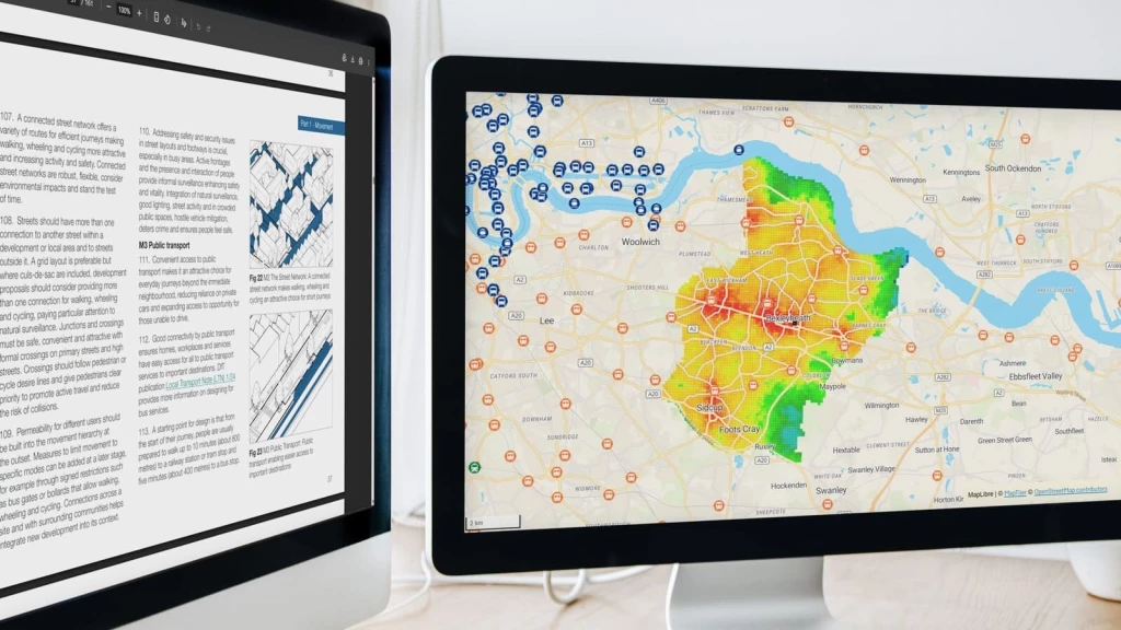 Department for Transport’s Connectivity Tool displaying a colour-coded public transport connectivity map, alongside planning guidance on connected streets.