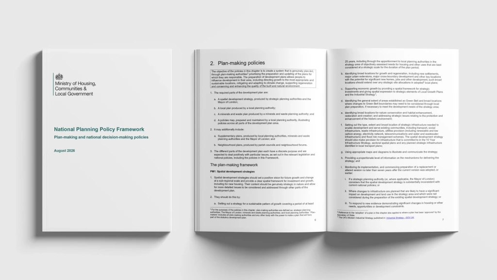 National Planning Policy Framework 2026 cover and open plan-making policies published by the Ministry of Housing, Communities and Local Government.