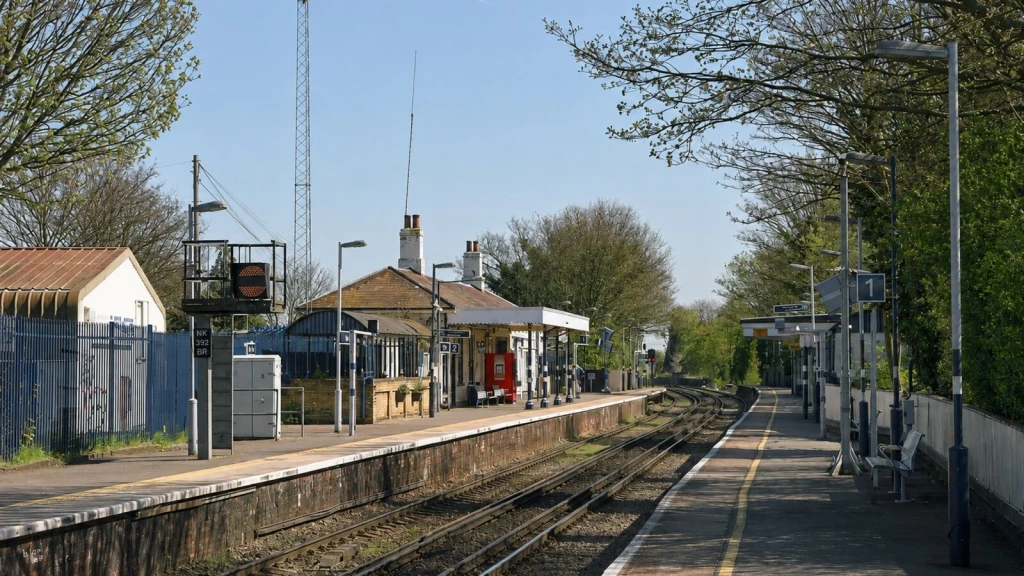 Bexley railway station on a sunny day, with two platforms, curving tracks, station buildings, signs and trees lining both sides.