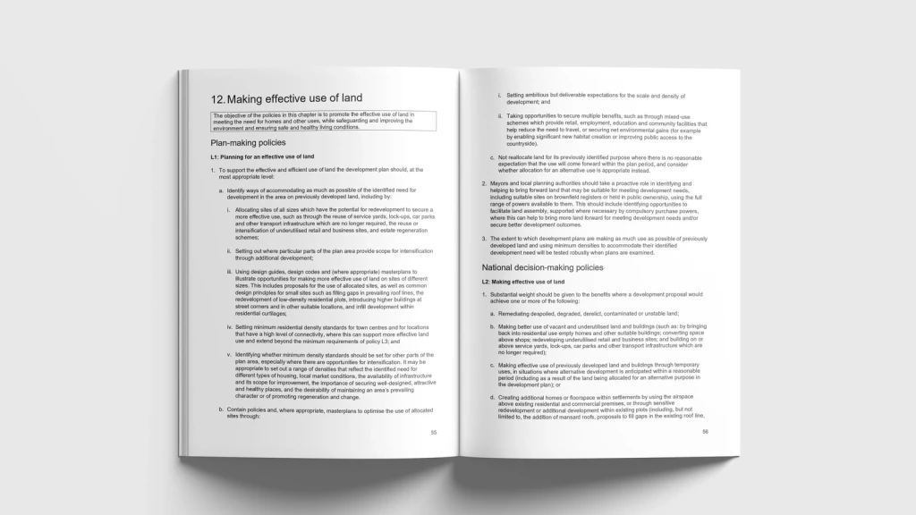 Open NPPF 2026 showing plan-making and national decision-making policies for making effective use of land and housing development in England.