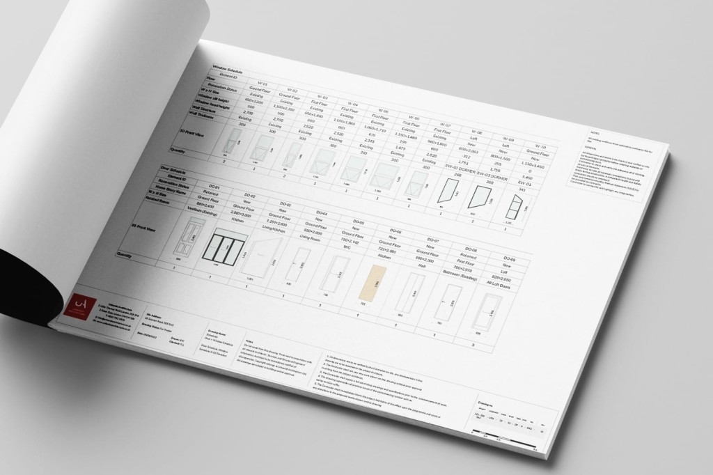 Open architectural specification booklet displaying detailed door schedules and design elements for a building project, with focus on layout and measurements.