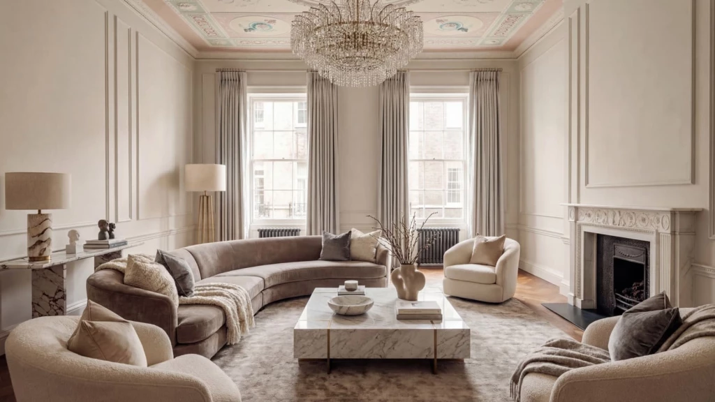 Old money living room in a Georgian townhouse with neutral tones, curved sofa, marble coffee table, fireplace, panelled walls and understated luxury styling.