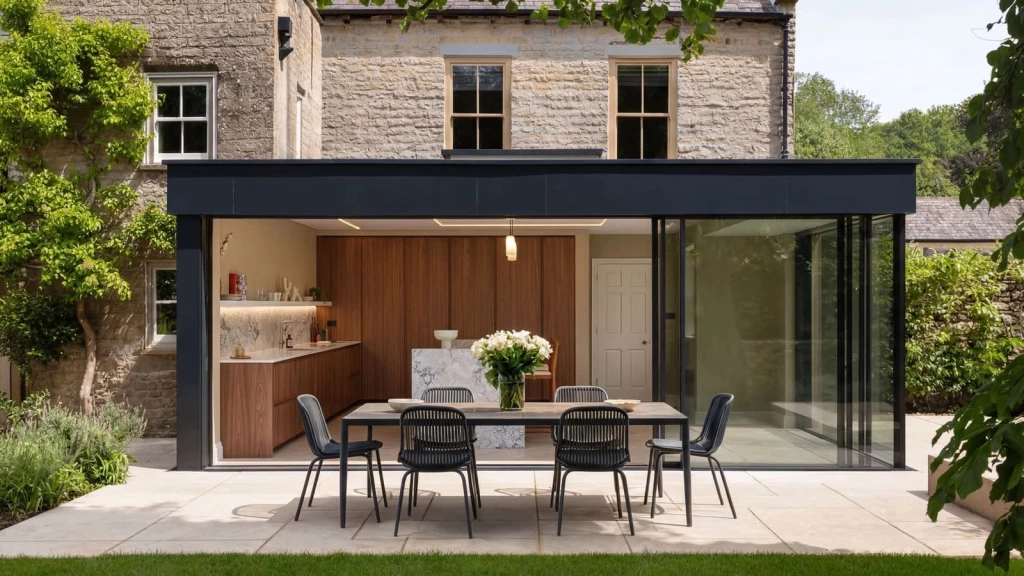 Modern glass kitchen extension on a traditional English country house with open-plan dining, natural materials and seamless indoor-outdoor living.