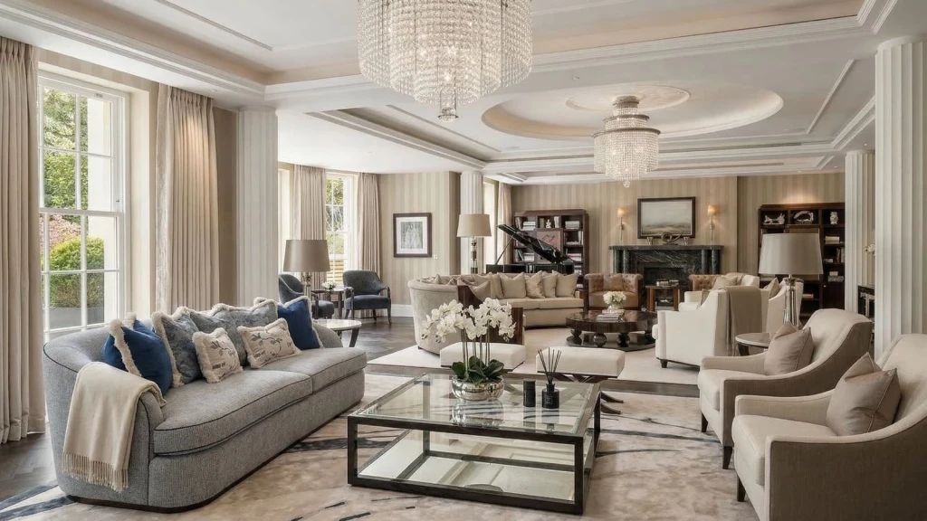 Old money living room interior in a period London townhouse with neutral palette, symmetrical layout, crystal chandeliers, classic furniture and refined traditional detailing.